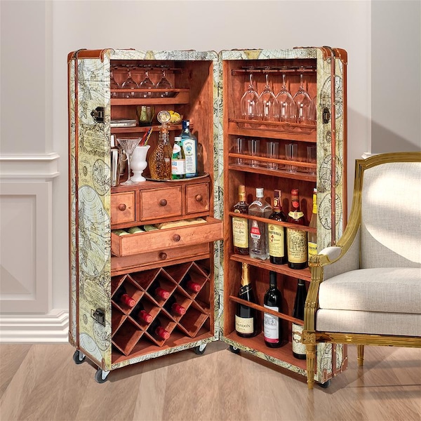 Design Toscano Italian-Style World Map Cocktail Bar Steamer Trunk - WL4001
