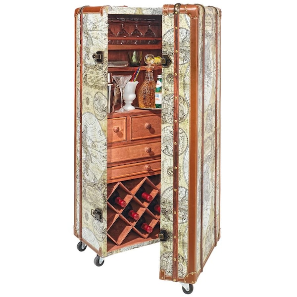 Design Toscano Italian-Style World Map Cocktail Bar Steamer Trunk - WL4001