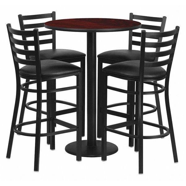 Flash Furniture Round Mahogany Bar Table, X-Base w/Black Seats, 30" L, 30" W, 42" H, Laminate Top, Wood Grain - RSRB1022-GG