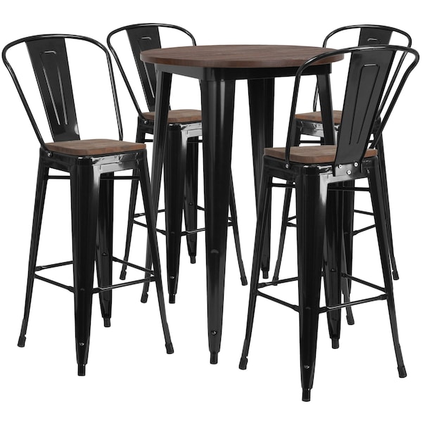 Flash Furniture Round Round Black Metal Bar Table Set with Woo, 30" L, 30" W, 42" H, Wood Top, Wood Grain - CH-WD-TBCH-25-GG