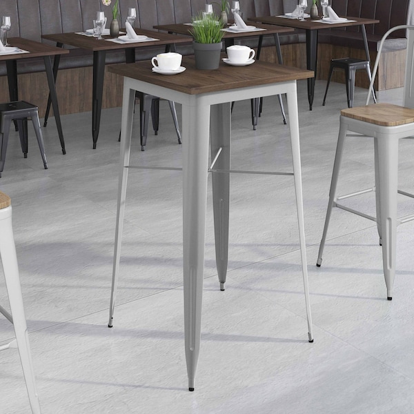 Flash Furniture Square Square Silver Metal Bar Table, 23.5", 23.5" L, 23.5" W, 42" H, Wood Top, Wood Grain - CH-31330-40M1-SIL-GG