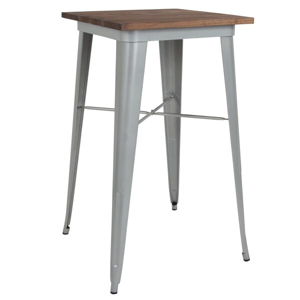 Flash Furniture Square Square Silver Metal Bar Table, 23.5", 23.5" L, 23.5" W, 42" H, Wood Top, Wood Grain - CH-31330-40M1-SIL-GG