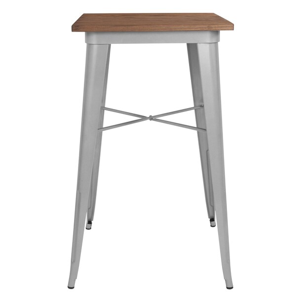 Flash Furniture Square Square Silver Metal Bar Table, 23.5", 23.5" L, 23.5" W, 42" H, Wood Top, Wood Grain - CH-31330-40M1-SIL-GG