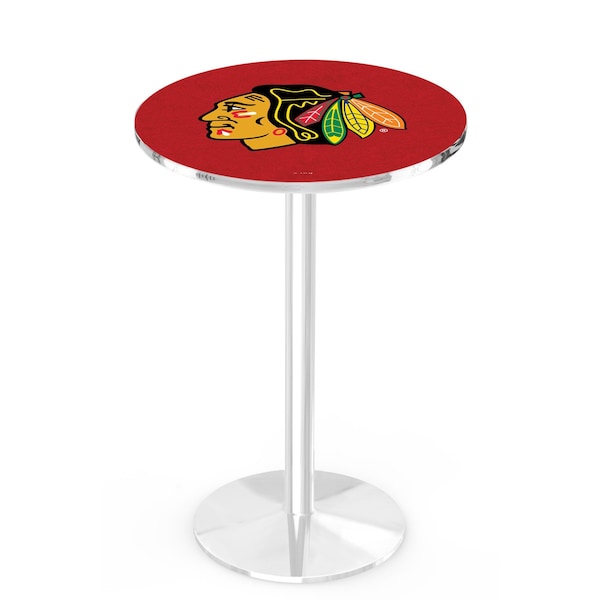 Holland Bar Stool Co 42" Chrome Chicago Blackhawks Pub Table, 36" dia. Top - L214C4236CHIHWK-R