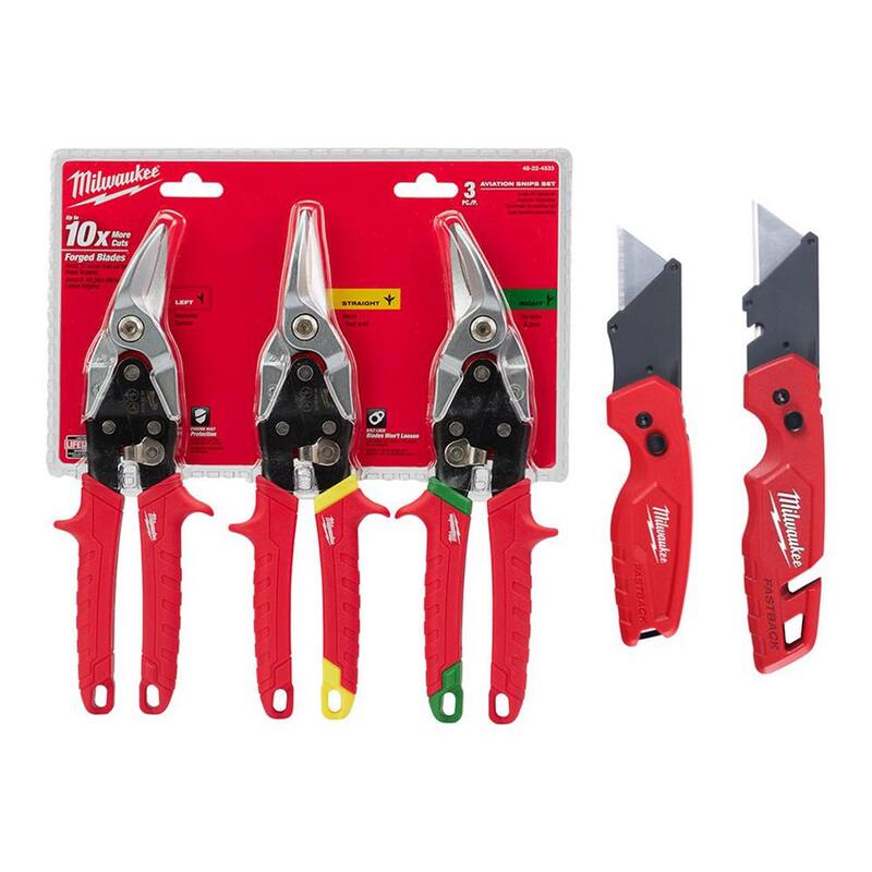 Milwaukee Left, Right and Straight Aviation Snips with Utility Knife's (5-Pack) - 48-22-4533-48-22-1503