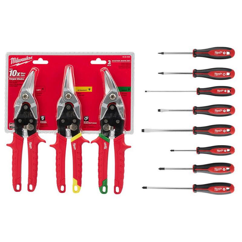 Milwaukee Straight-Cut Offset Aviation Snip (3-Pack) with Screwdriver Set (8-Piece) - 48-22-4533-48-22-2718