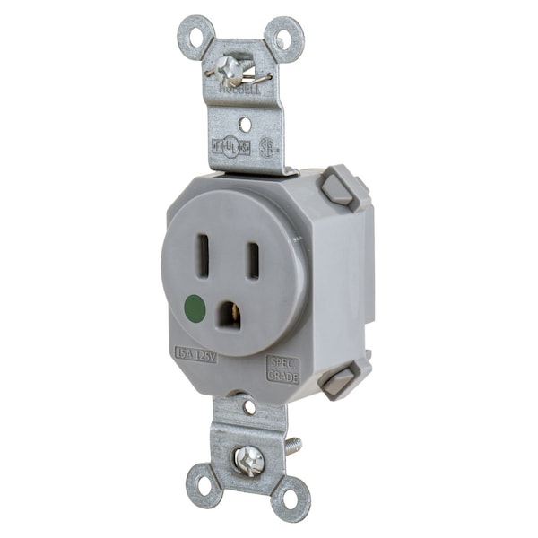 Hubbell Wiring Device-Kellems Straight Blade Devices, Hospital Grade, Receptacles, Simplex, SNAPConnect, Hospital Grade, 15A 125V, 2-Pole 3-Wire Grounding, 5-15R, Nylon, Gray - SNAP8210GY