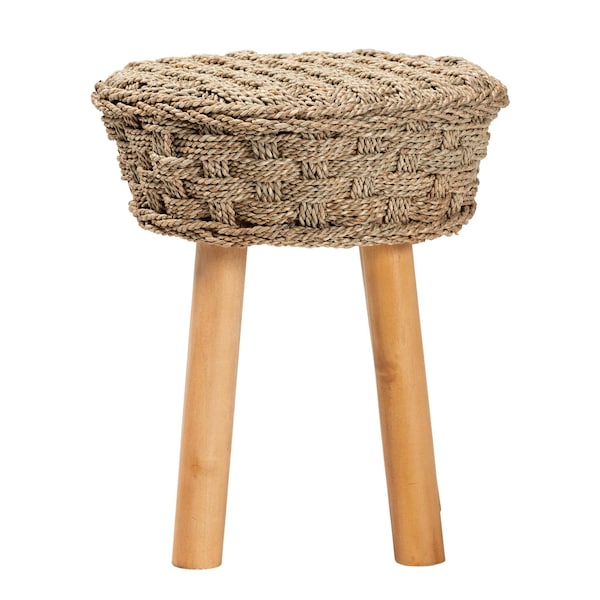 Bali & Pari Denver Modern Bohemian Natural Seagrass and Acacia Wood Stool - 243-13534-ZORO