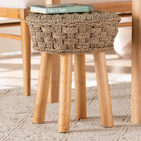Bali & Pari Denver Modern Bohemian Natural Seagrass and Acacia Wood Stool - 243-13534-ZORO