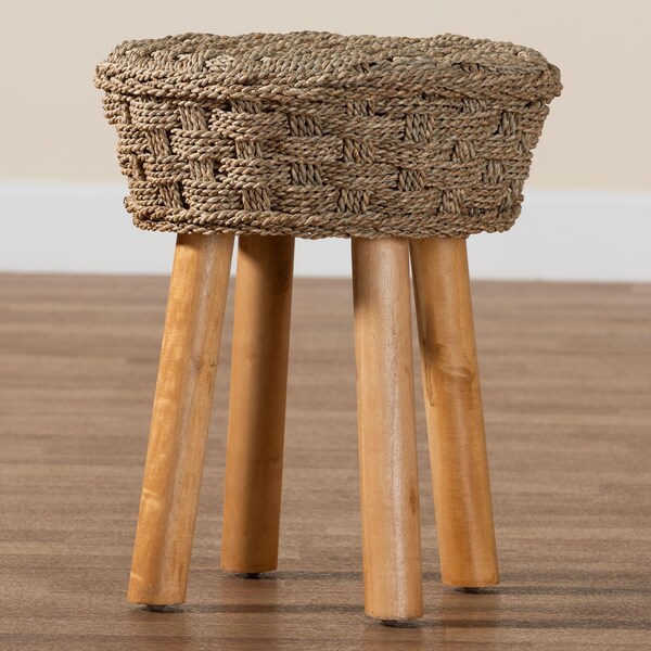 Bali & Pari Denver Modern Bohemian Natural Seagrass and Acacia Wood Stool - 243-13534-ZORO