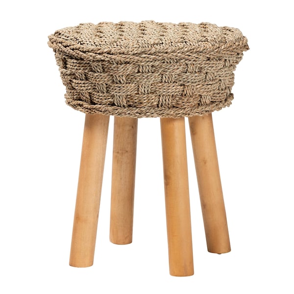 Bali & Pari Denver Modern Bohemian Natural Seagrass and Acacia Wood Stool - 243-13534-ZORO