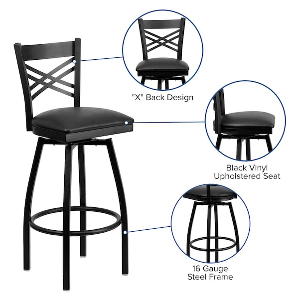 Flash Furniture Swivel Batstool, X Back, Black Seat - XU-6F8B-XSWVL-BLKV-GG