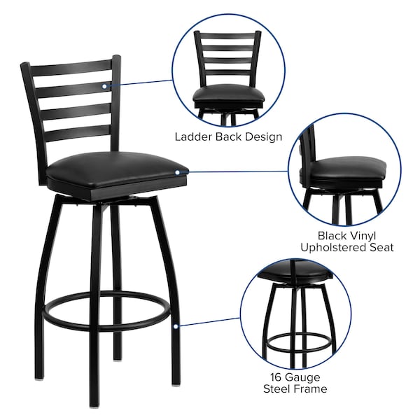 Flash Furniture 32" Black Ladder Back Swivel Metal Barstool - XU-6F8B-LADSWVL-BLKV-GG