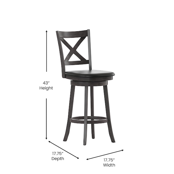 Flash Furniture Felicity Wood Crossback Swivel Bar Height Barstool w/Padded Black LeatherSoft Seat, Gry Wsh Walnut - ES-UN1-29-GY-GG