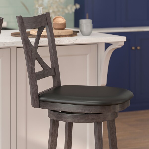 Flash Furniture Felicity Wood Crossback Swivel Bar Height Barstool w/Padded Black LeatherSoft Seat, Gry Wsh Walnut - ES-UN1-29-GY-GG