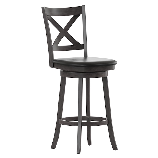 Flash Furniture Felicity Wood Crossback Swivel Bar Height Barstool w/Padded Black LeatherSoft Seat, Gry Wsh Walnut - ES-UN1-29-GY-GG