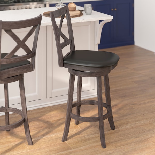 Flash Furniture Felicity Wood Crossback Swivel Bar Height Barstool w/Padded Black LeatherSoft Seat, Gry Wsh Walnut - ES-UN1-29-GY-GG