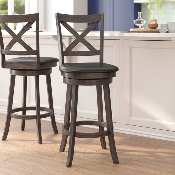 Flash Furniture Felicity Wood Crossback Swivel Bar Height Barstool w/Padded Black LeatherSoft Seat, Gry Wsh Walnut - ES-UN1-29-GY-GG