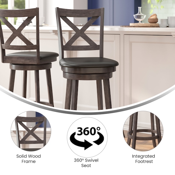 Flash Furniture Felicity Wood Crossback Swivel Bar Height Barstool w/Padded Black LeatherSoft Seat, Gry Wsh Walnut - ES-UN1-29-GY-GG