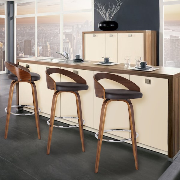 Armen Living Sonia 30" Bar Height Swivel Brown Faux Leather and Walnut Wood Bar Stool - LCSOBABRWA30