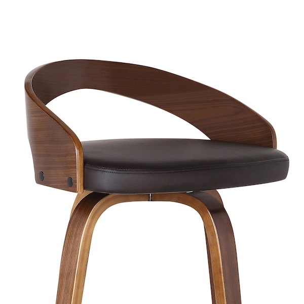 Armen Living Sonia 30" Bar Height Swivel Brown Faux Leather and Walnut Wood Bar Stool - LCSOBABRWA30