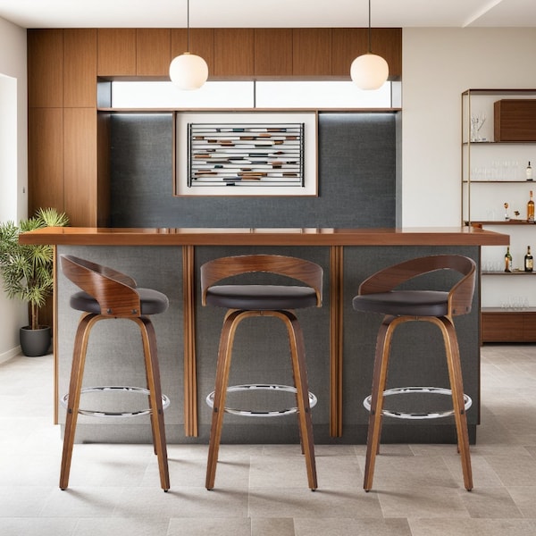 Armen Living Sonia 30" Bar Height Swivel Brown Faux Leather and Walnut Wood Bar Stool - LCSOBABRWA30