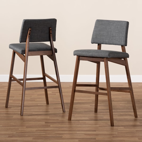 Baxton Studio Colton Dark Gray Upholstered and Walnut-Finished Wood Bar Stool, PK2 - 152-9248