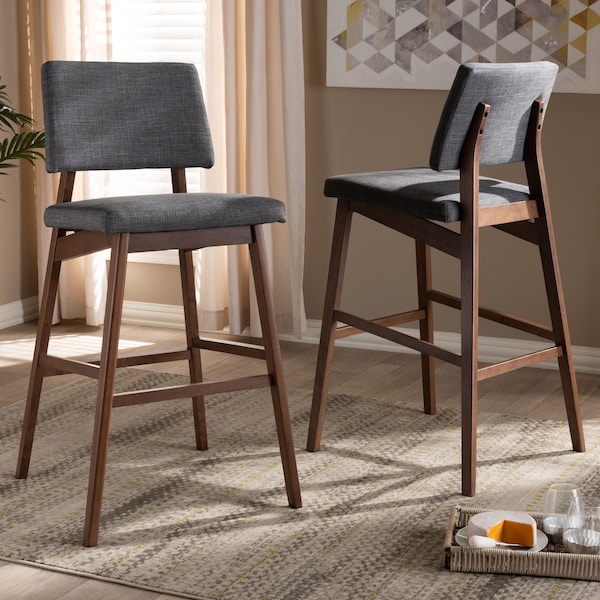 Baxton Studio Colton Dark Gray Upholstered and Walnut-Finished Wood Bar Stool, PK2 - 152-9248