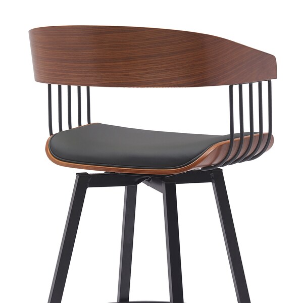 Armen Living Athena 31in Swivel Walnut Wood Bar Stool in Black Faux Leather with Black Metal - LCATBAWABLK30