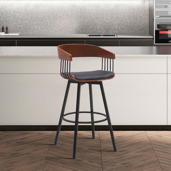 Armen Living Athena 31in Swivel Walnut Wood Bar Stool in Black Faux Leather with Black Metal - LCATBAWABLK30