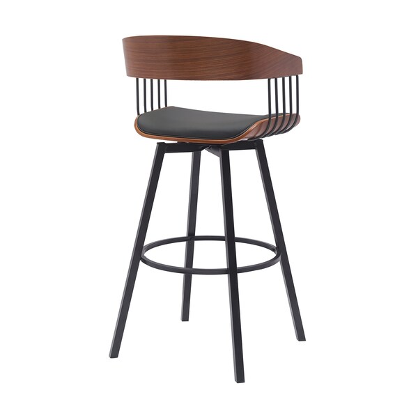 Armen Living Athena 31in Swivel Walnut Wood Bar Stool in Black Faux Leather with Black Metal - LCATBAWABLK30