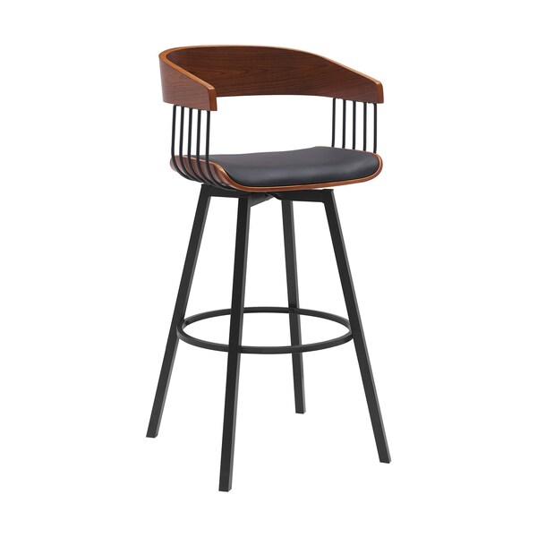Armen Living Athena 31in Swivel Walnut Wood Bar Stool in Black Faux Leather with Black Metal - LCATBAWABLK30