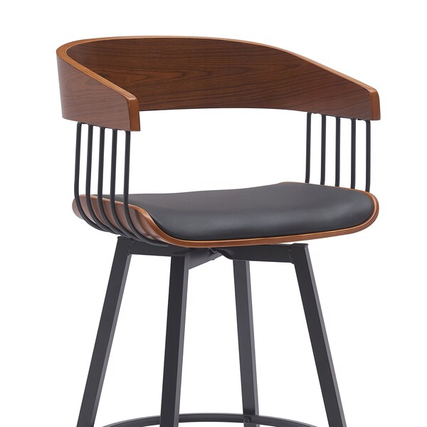 Armen Living Athena 31in Swivel Walnut Wood Bar Stool in Black Faux Leather with Black Metal - LCATBAWABLK30
