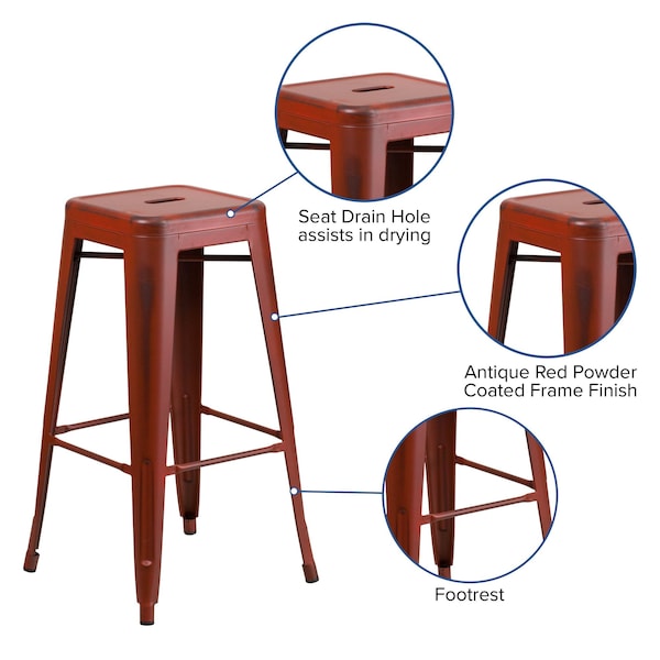 Flash Furniture 30" High Backless Distressed Red Metal Barstool - ET-BT3503-30-RD-GG