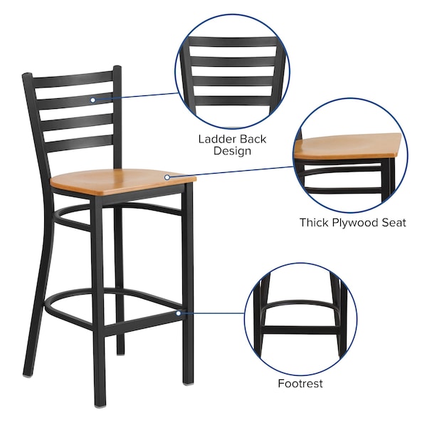 Flash Furniture Restaurant Stool, Ladder Back, Nat Seat, Seat Height Range: 29" - XU-DG697BLAD-BAR-NATW-GG