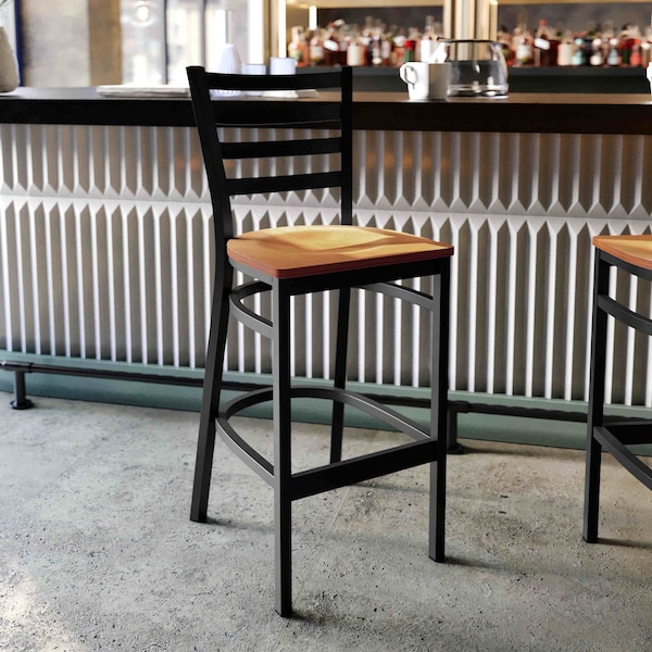 Flash Furniture Restaurant Stool, Ladder Back, Nat Seat, Seat Height Range: 29" - XU-DG697BLAD-BAR-NATW-GG