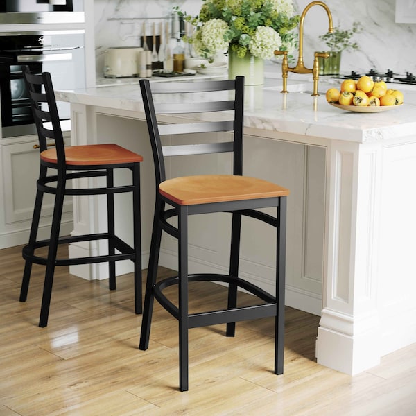 Flash Furniture Restaurant Stool, Ladder Back, Nat Seat, Seat Height Range: 29" - XU-DG697BLAD-BAR-NATW-GG