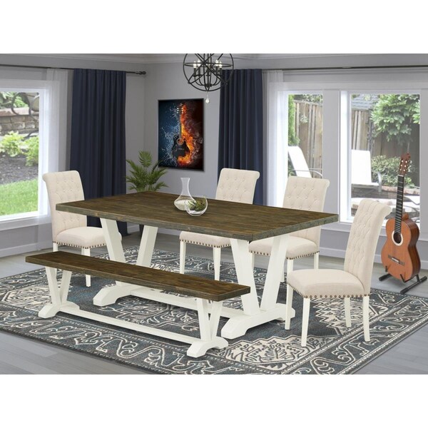 East West Furniture 6 Piece V-Style Modern Dining Set - Linen White - V077BR202-6