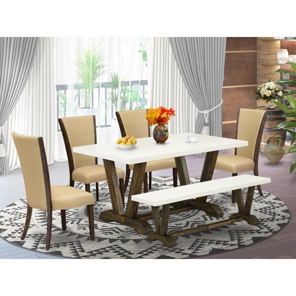 East West Furniture 6 Piece V-Style Dining Room Table Set - Distressed Jacobean - V726VE703-6