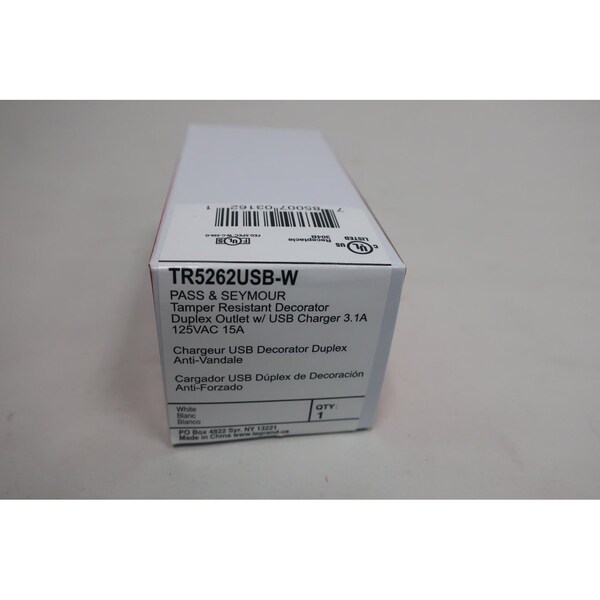 Legrand Tamper Resistant Decorator Duplex Outlet WUsb Charger 31A 15A Amp 125VAc Receptacle, TR5262USBW - TR5262USB-W