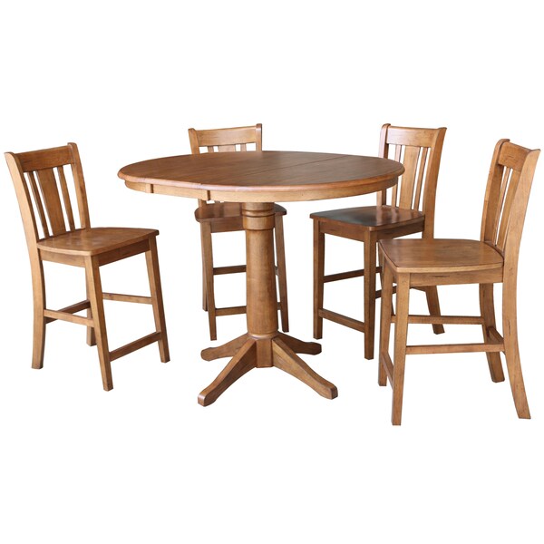 International Concepts Round 36 in Rd Extension Dining Table, 4 San Remo Stools, Distressed Oak, 36 in W, 48 in L, Wood - K42-36RXT-27B-S102-4