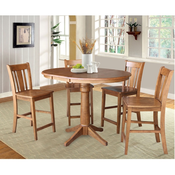 International Concepts Round 36 in Rd Extension Dining Table, 4 San Remo Stools, Distressed Oak, 36 in W, 48 in L, Wood - K42-36RXT-27B-S102-4