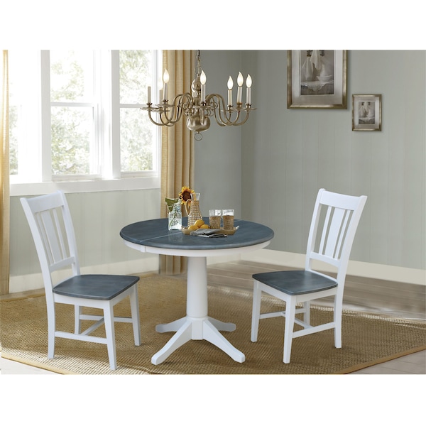 International Concepts Round 36 in Rd Extension Dining Table, 2 San Remo Chairs, White/Heather Gray, 36 in W, 48 in L, Wood - K05-36RXT-27B-C10-2