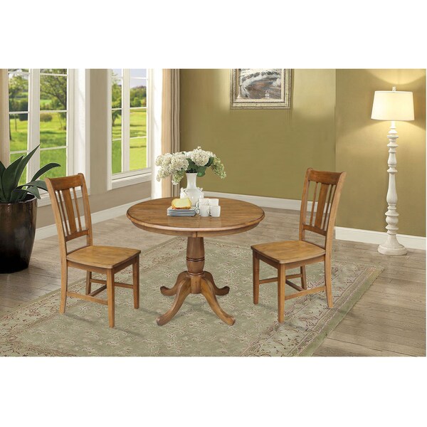 International Concepts Round 36 in Round Top Pedestal Table, with 2 Chairs, Pecan, 36 in W, 36 in L, 29.1 in H, Wood - K59-36RT-C10-2