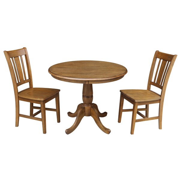 International Concepts Round 36 in Round Top Pedestal Table, with 2 Chairs, Pecan, 36 in W, 36 in L, 29.1 in H, Wood - K59-36RT-C10-2