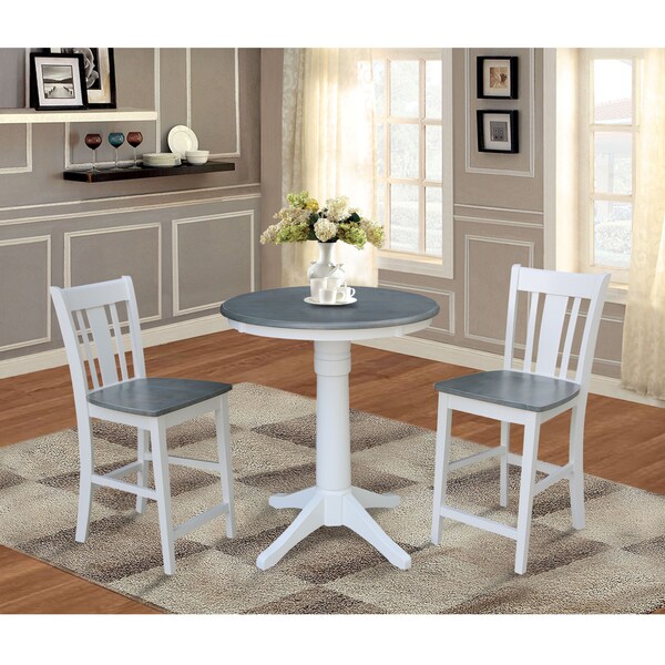 International Concepts Round 30 in Rd Ped Gathering Ht Table, 2 San Remo Stools, White/Heather Gray, 30 in W, 30 in L, Wood - K05-30RT-27B-S102-2