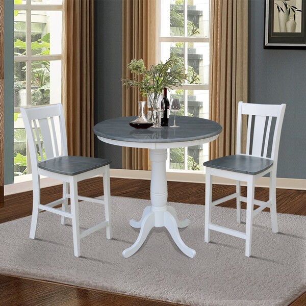 International Concepts Round 36 in Rd Ped Gathering Ht Table, 2 San Remo Stools, White/Heather Gray, 36 in W, 36 in L, Wood - K05-36RT-6B-S102-2