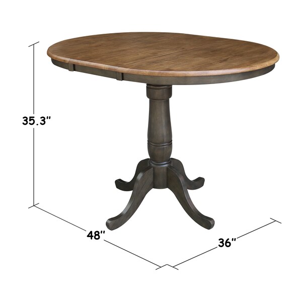 International Concepts Round 36 in Rd top ped table, 12 in leaf, 35.3 inh, counter Ht, Hickory/Washed Coal, 36 in W, 48 in L - K45-36RXT-6B
