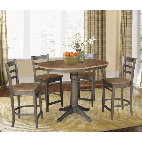 International Concepts Round 36 in Rd Extension Dining table, 4 counterHt stools, Hickory/Washed Coal, 36 in W, 48 in L - K45-36RXT-27-S6172-4