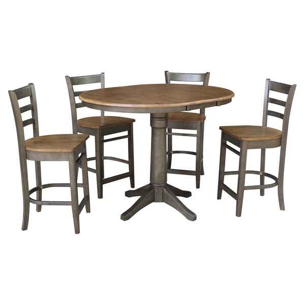 International Concepts Round 36 in Rd Extension Dining table, 4 counterHt stools, Hickory/Washed Coal, 36 in W, 48 in L - K45-36RXT-27-S6172-4